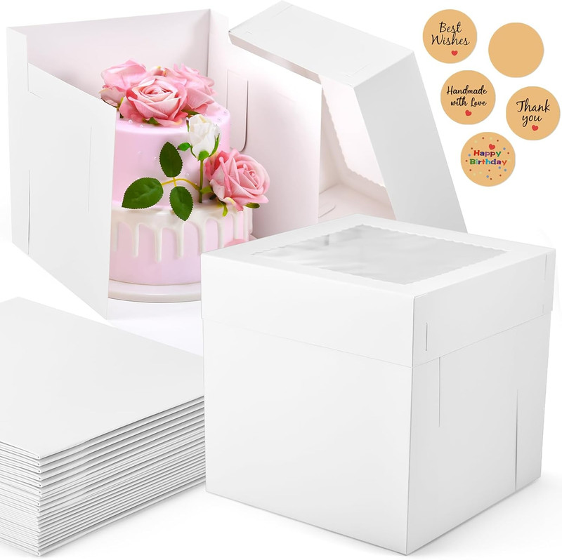 12Pcs Cake Boxes, 10X10X10 Inches Tall Cake Boxes with Window, White Disposable gallery