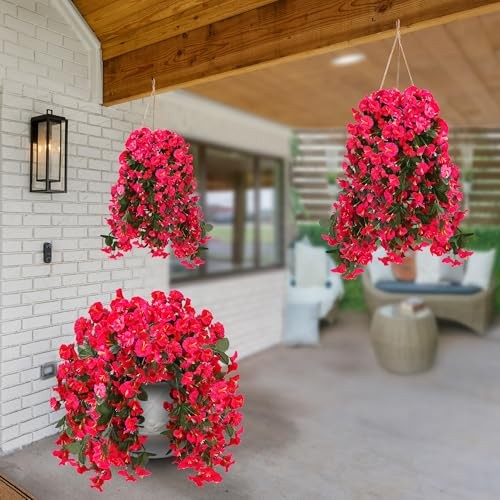 Artificial Fake Hanging Flowers Plants for Outdoor Outside 2Pcs Rose Red gallery