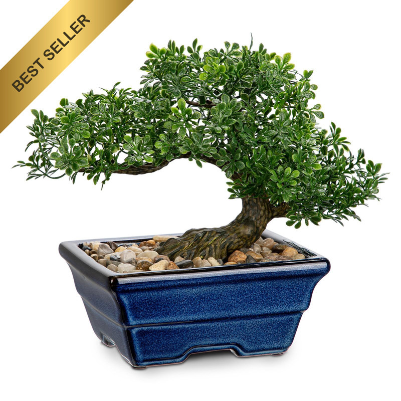 Artificial Bonsai Tree Faux Plant Indoor Decor with Blue Square Ceramic Pot Home