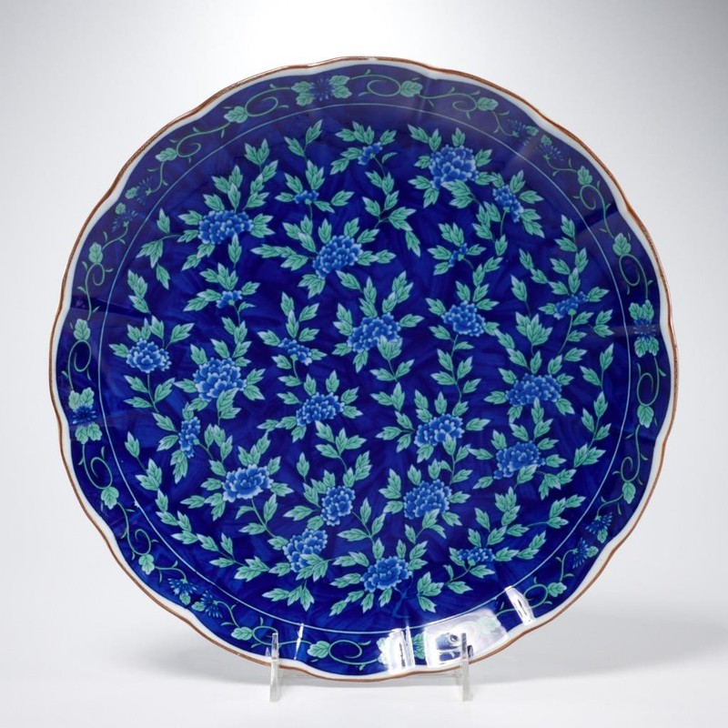 Vintage Chinese Floral Serving Cake Plate Chinoiserie Blue Marked Antique