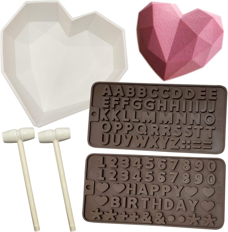 Silicone Diamond Heart Mold 2 Mallets Letters Numbers Symbols Baking Supplies