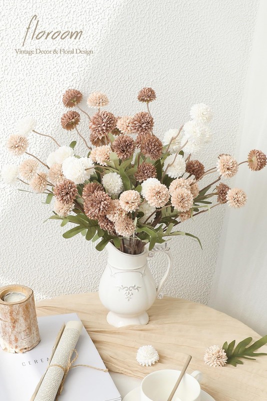 Floroom 9pcs Taupe Beige Mix Faux Silk Mums Artificial Flowers, Bulk Fake Small gallery