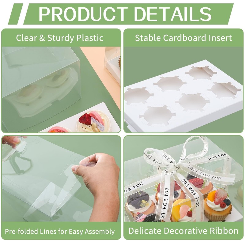 5 Pcs clear cupcake boxes with complimentary gift ribbon, 6 Count cup contain... gallery