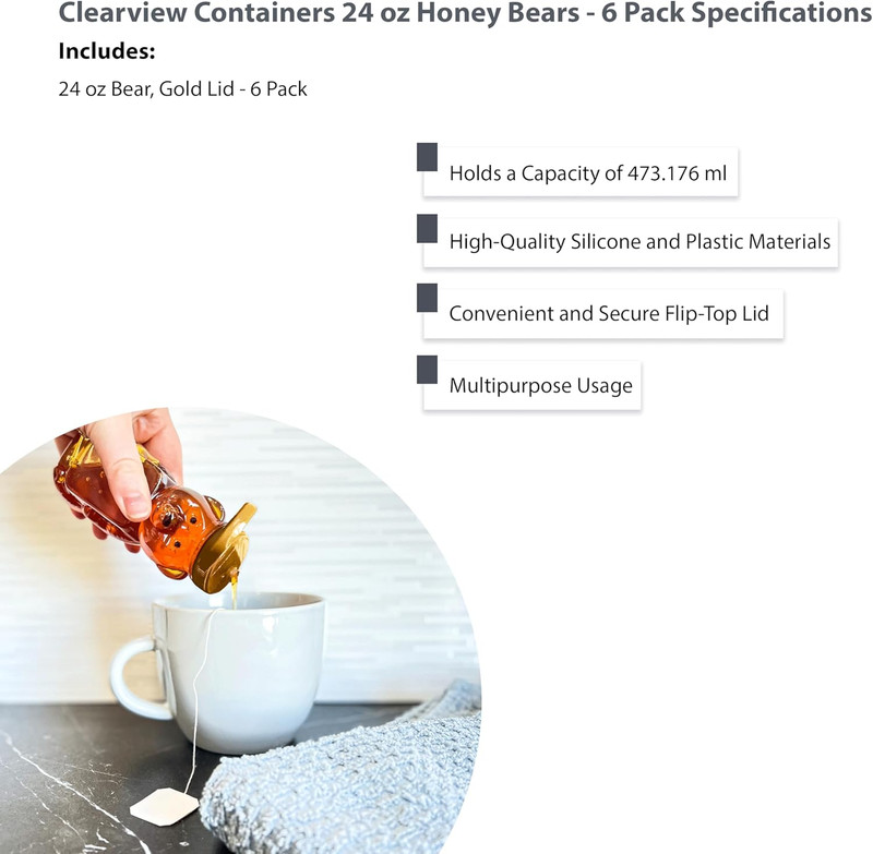 6 Pack of 24 Ounce Honey Bears with Sealable Gold Flip Top Lids (24 Oz. Bear, 6P gallery