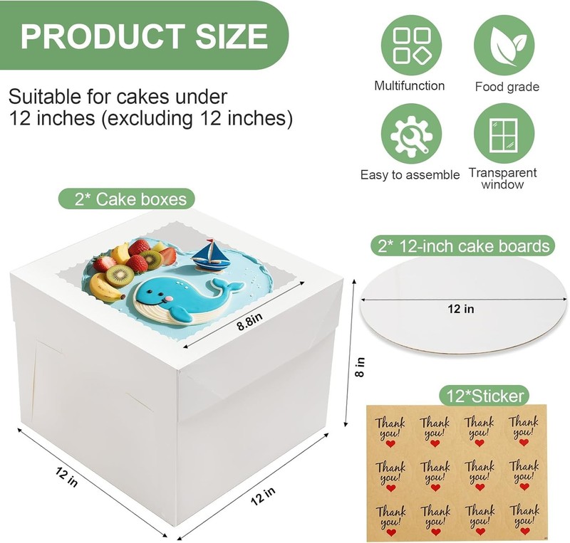 2 Pack Cake Boxes, 12x12x8 Inches Tall Cake Box with Cake Boards, White Baker... gallery