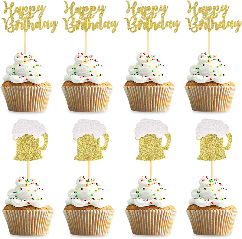 Pack of 24 Gold Glitter Happy Birthday Cupcake Topper Beers Mug/Beer Cup Cupcake gallery