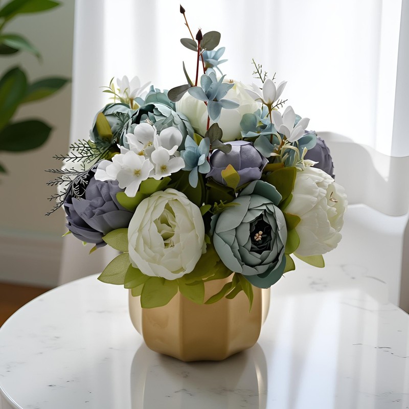NAWEIDA Large Artificial Flowers with Vase, Handcrafted Silk Rose & Hydrangea Fl