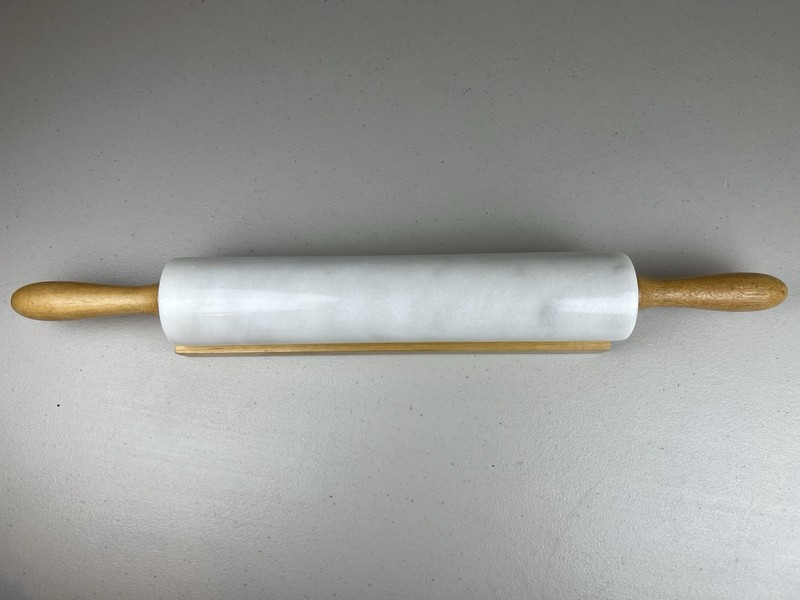 Vintage White Marble Rolling Pin with Wood Handles and Matching Cradle Base 18in gallery