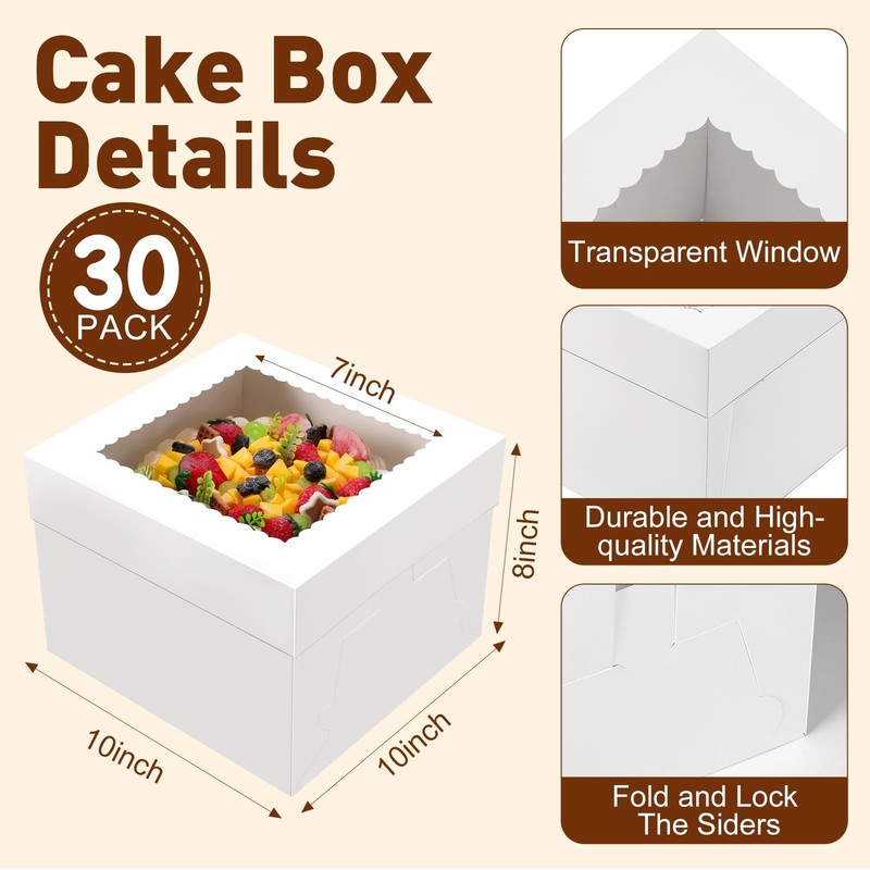 30Pcs Cake Boxes, 10x10x8 Inch Tall Bakery Boxes with Windows, Disposable Cak... gallery