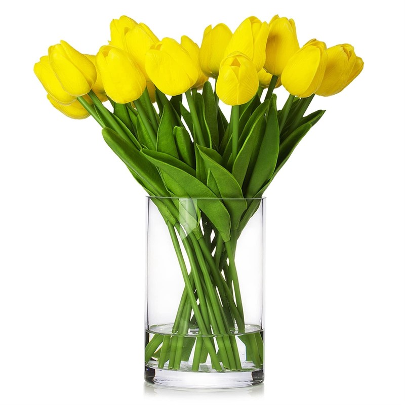 Enova Floral 20 Pieces Yellow Real Touch Tulips Artificial Flowers In Vase Fake