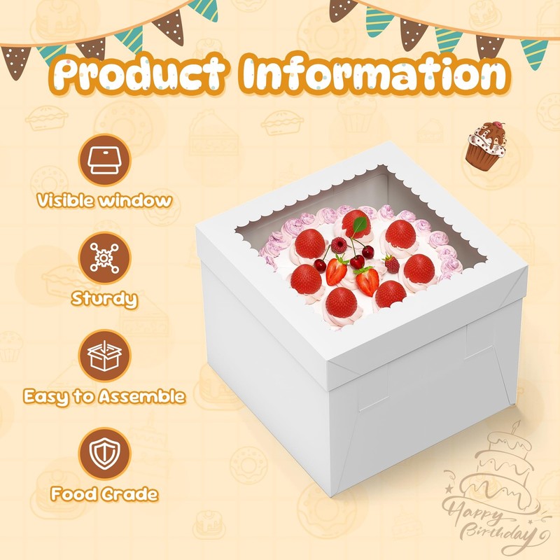 3 PCS White 10x10x8 Inch Tall Cake Boxes Window Boards Square Bakery Dessert gallery