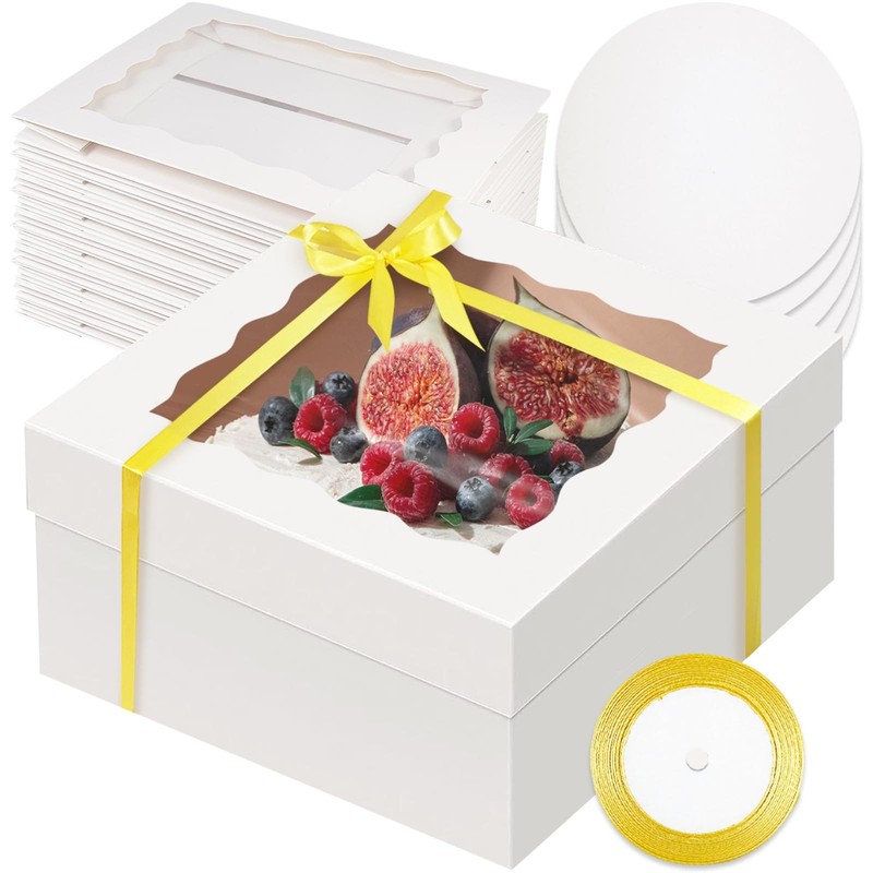 18 PCS 12x12x6 Inch Cake Box Window 12 Inch Round Board Gold Ribbon Container