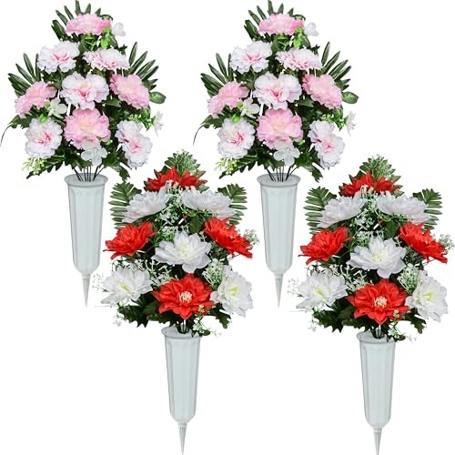 Artificial Cemetery Flowers, Spring Memorial Bouquet with Pink&red-9 Flowers