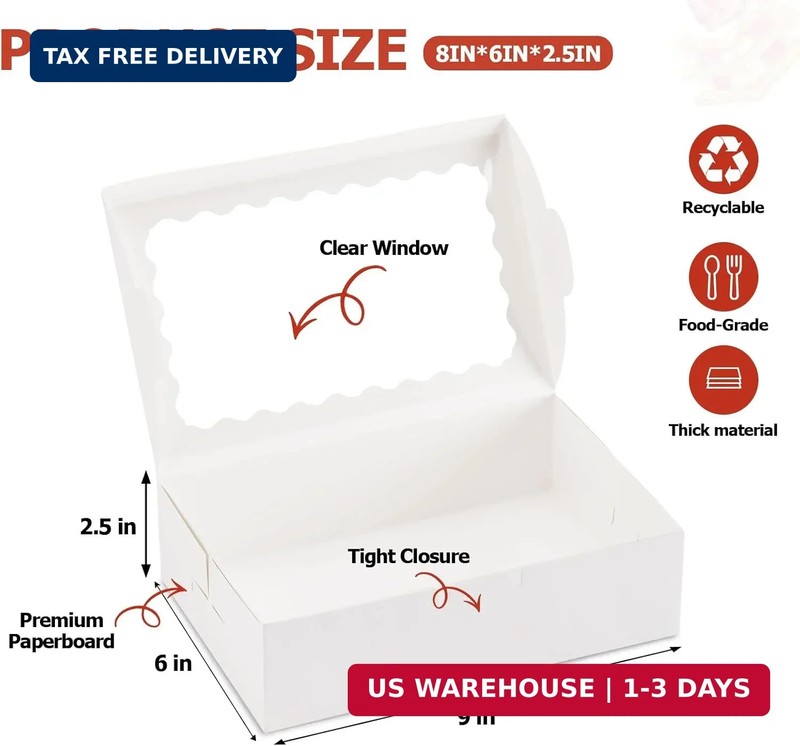 20pcs Cookie Boxes with Window, 9x6x2.5 Inches White Bakery Boxes for Dessert, T gallery