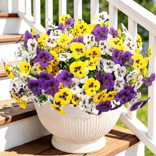 20 Bundles Artificial Pansy Flowers for Outdoors, Fake Purple Yellow White
