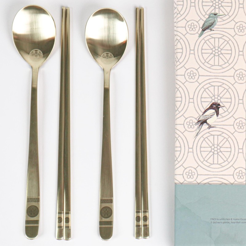 Korean Spoon and Chopstick 2 Set – Premium 18/10 Titanium Gold – Double Happi…