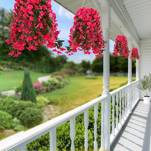 Artificial Fake Hanging Flowers Plants for Outdoor Outside 2Pcs Rose Red gallery
