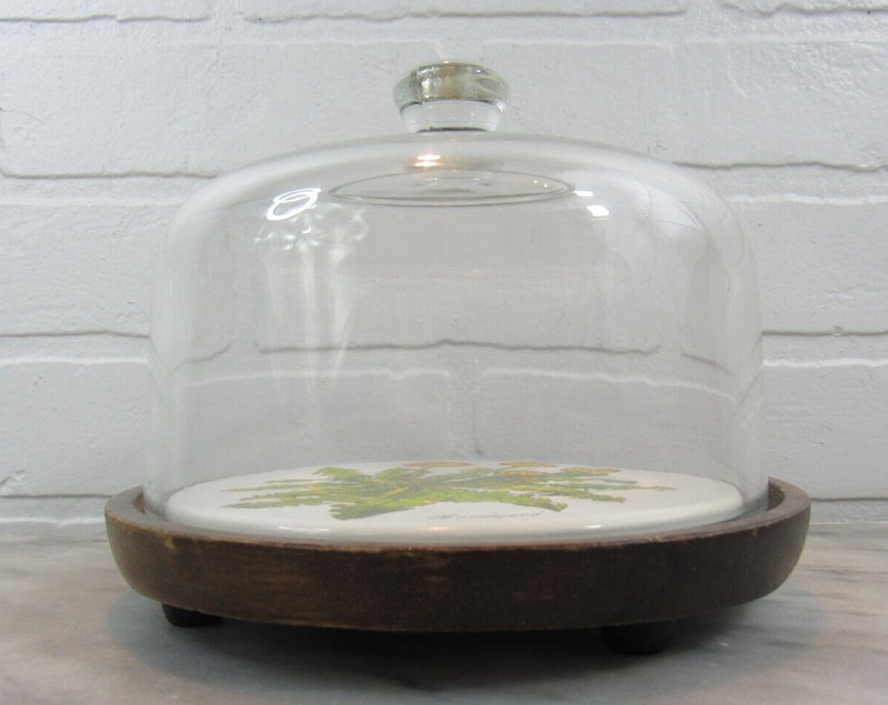 Vintage Goodwood Teak Wood TILE DANDELION Covered Glass Cheese Dome Cake MCM gallery