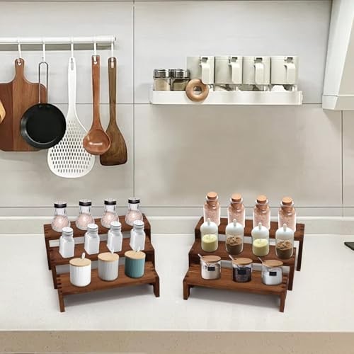 2 Set Wood Display Risers Small Wooden Stand 3 Tiered 6Pcs Small/2Pack Brown gallery