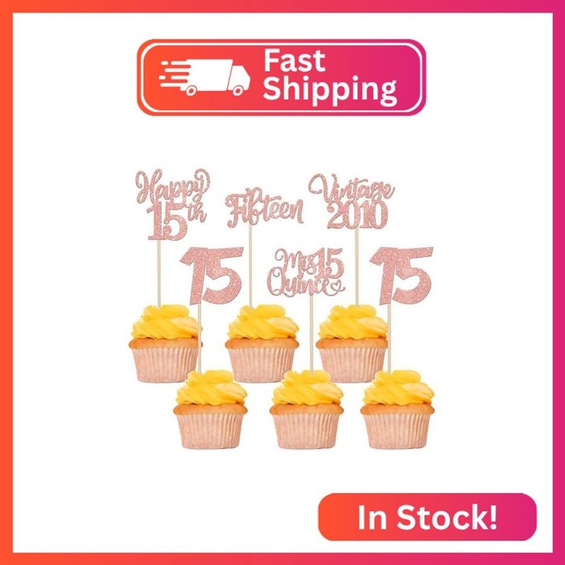 Rsstarxi 30 Pack Vintage 2010 Cupcake Toppers Glitter Fifteen 15 Fabulous Cheers