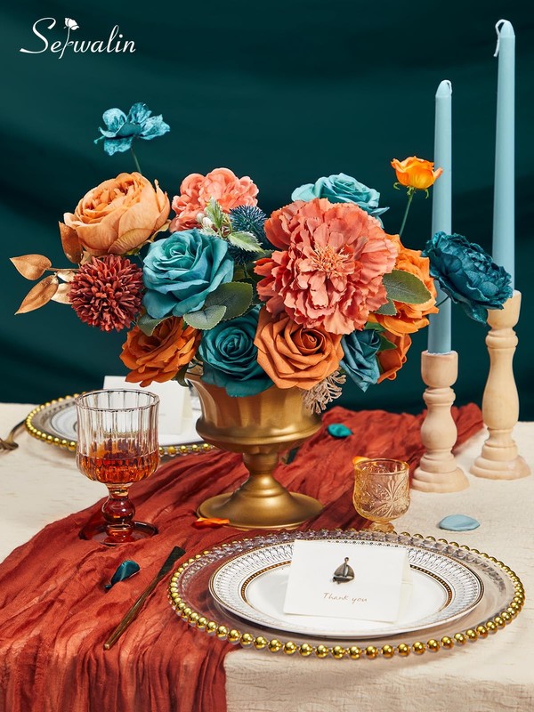 Serwalin Artificial Flowers Teal Burnt Orange Silk Floral Centerpieces Fake gallery