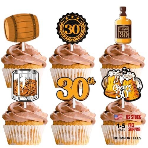 18pcs Brown Glitter Dessert Cupcake Topper Aged to Perfection Cheer 30 Whiskey