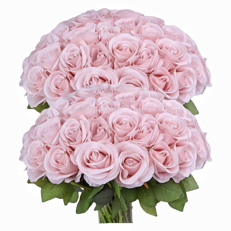 JUSMAI 50pcs Roses Artificial Flowers Real Touch Fake Flowers Long Stems Silk