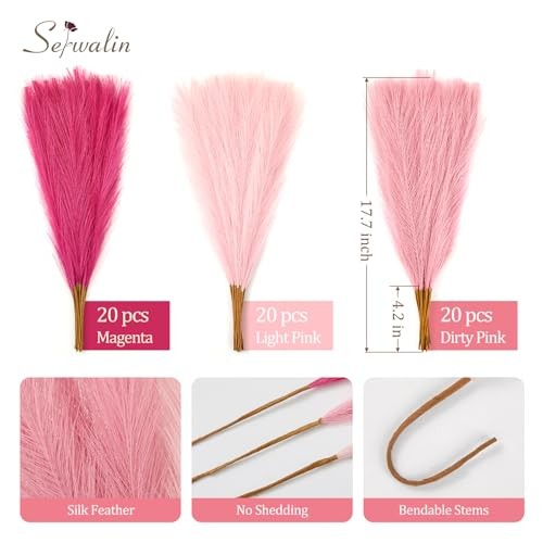 60Pcs Hot Pink & Blush & Pink Pampas Grass Decor, 17.7'' Faux C Hot Pink gallery