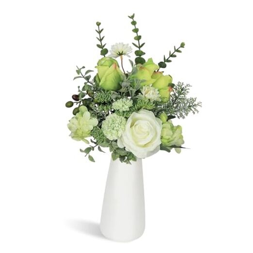 Small Artificial Flowers in Ceramic Vase, Faux Flower Bouquet for White+green
