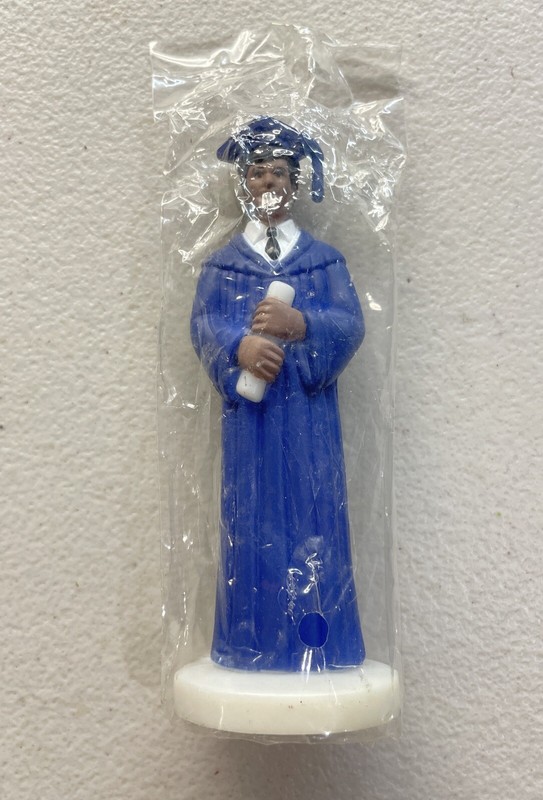 NEW VTG ’87 Bakery Crafts Brown Black Male Boy Blue Gown Graduation Cake Topper