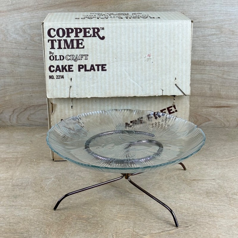 Arcoroc Canterbury CROCUS Cake Plate w Copper Plated Steel Stand Old Craft MCM