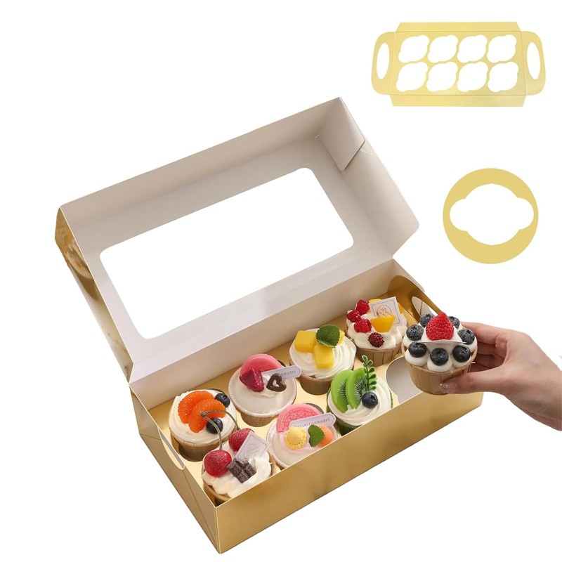 Gold Cupcake Boxes 8 Count with Window and Inserts Containers Muffins 15 PCS