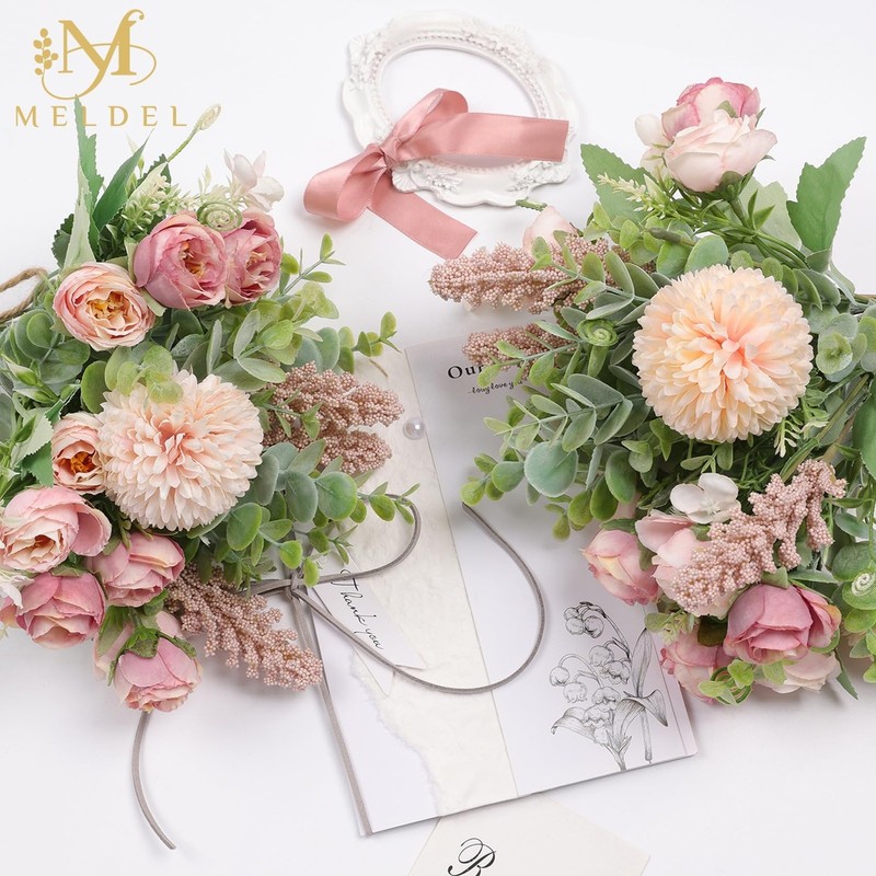 Meldel 3Pcs Rose Bouquet Pink Artificial Flowers Eucalyptus Plants Fake Silk gallery