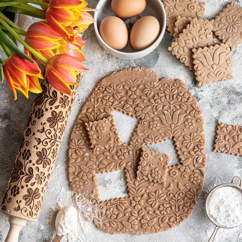 STODOLA Embossed Rolling Pin with Nature Pattern – Engraved Cookie Design gallery