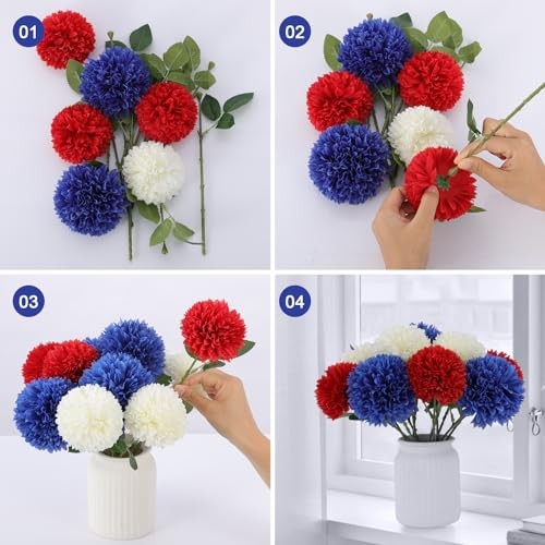 Pcs Artificial Chrysanthemums Flowers Patriotic Flower, 12 Red, White, Blue gallery