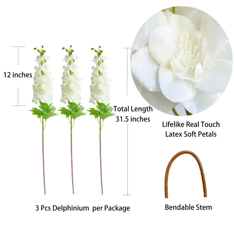 Yalzonemet 3 Pcs White Delphinium Artificial Flower Real Touch Latex Delphinium gallery