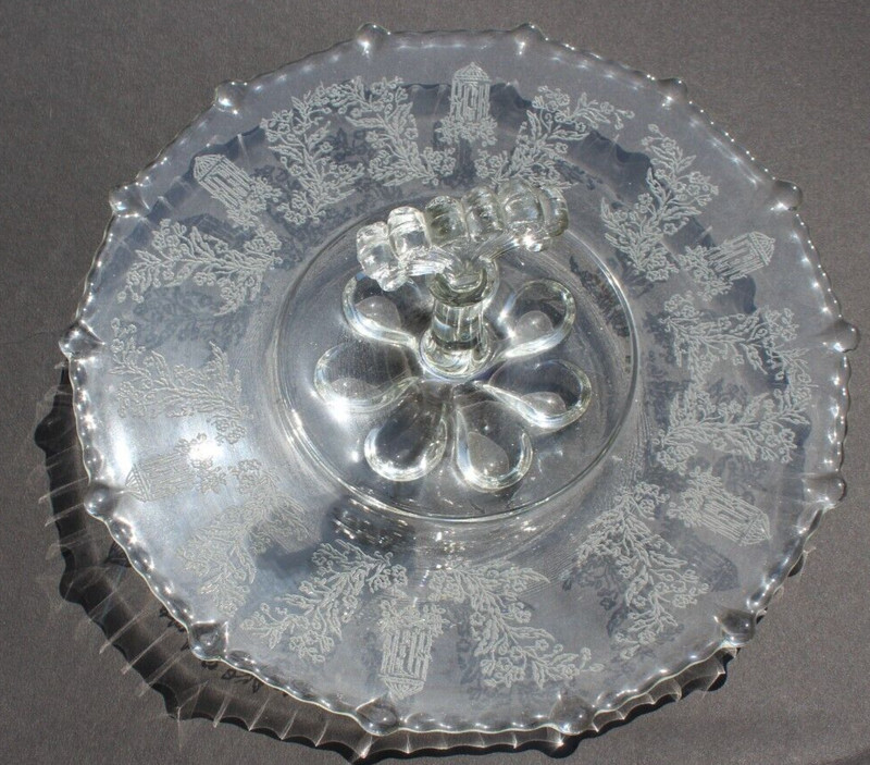 Vintage Victorian Floral Glass Etched Dessert Serving Plate W/ Handle 11.5" gallery