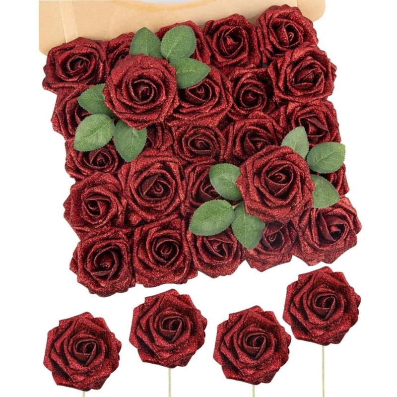 N&T NIETING Artificial Flowers Glowing Red Foam 50pcs, Glitter