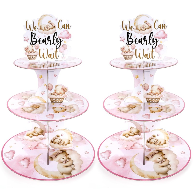 Bear Cupcake Stand Decorations – 2 Pcs Pink We Can Bearly Wait Baby Shower De…
