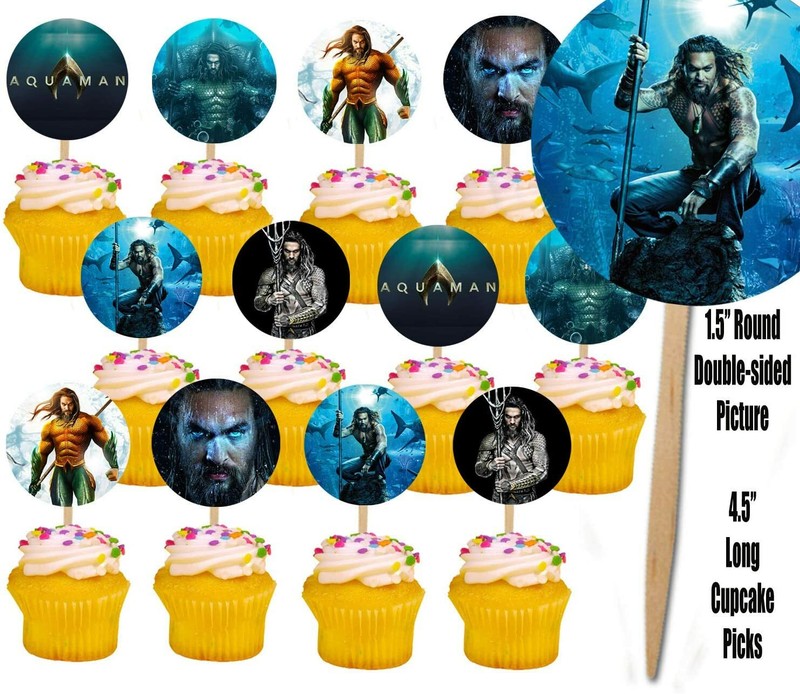 Aquaman Cupcake Picks Cake Topper Favor Superhero DC Comics Dbl Sided Images-12 gallery