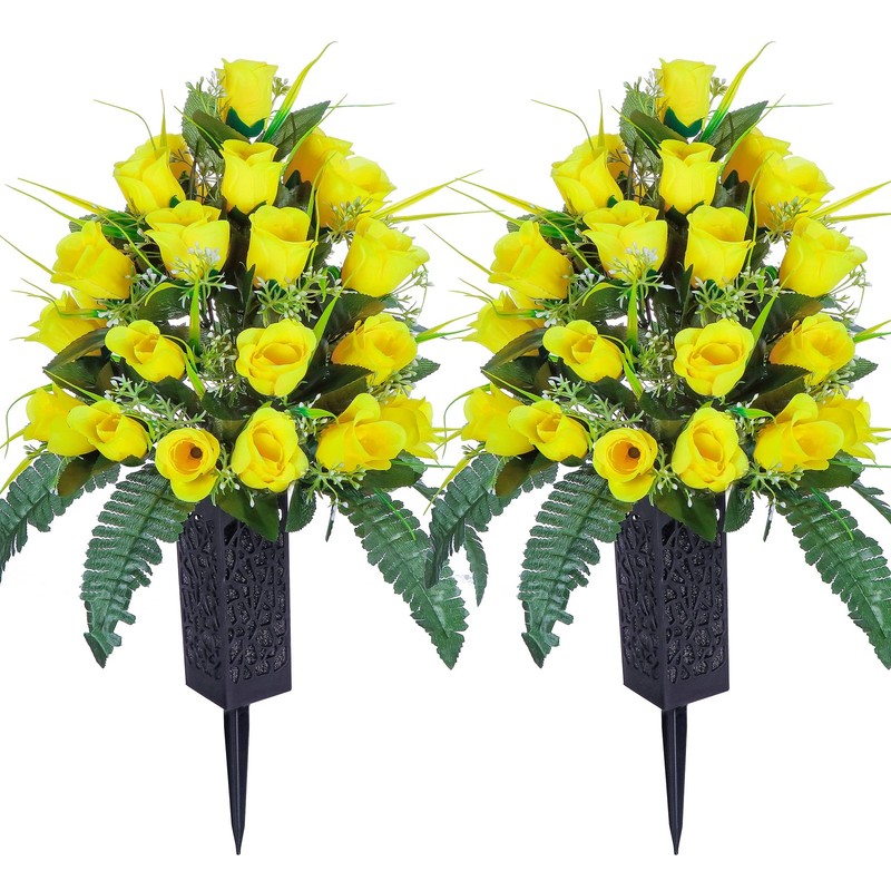 LVXINLI 2 Sets Cemetery Grave Flowers, Outdoor Roses, Vase Set, Memorial Day Dec