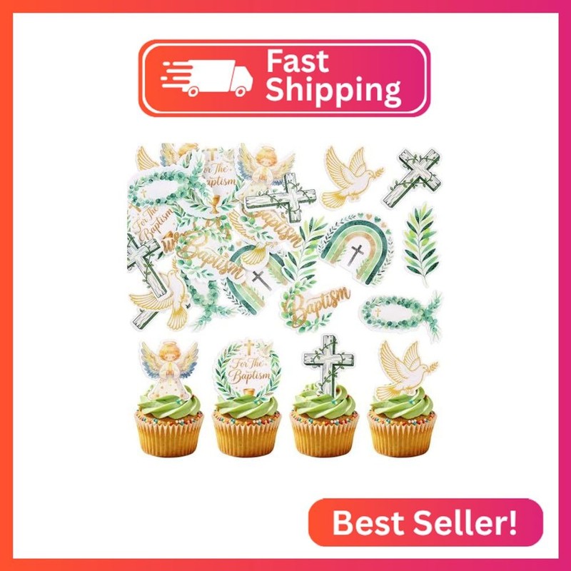 40Pcs Edible Greenery Baptism Cupcake Toppers God Bless Angel Dove Cross Cupcake