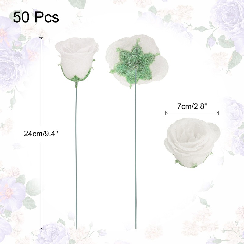 50pcs Roses Glitters Fake Flower Artificial Rose Flowers with 50pcs Stems White gallery