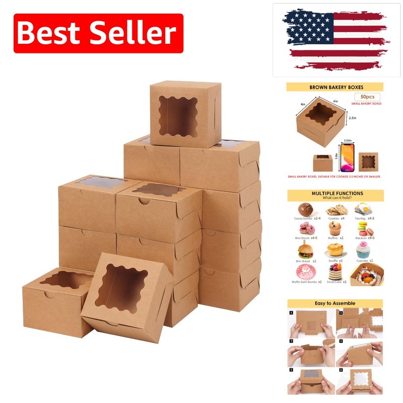 50pcs Cookie Boxes with Window, 4x4x2.5 Inches Brown Bakery Boxes Pastry Cont…