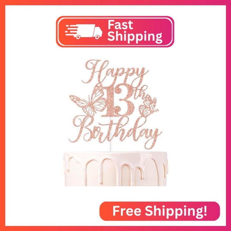Rose Gold Glitter Happy 13th Birthday Cake Topper, Butterfly Happy 13th Birthday