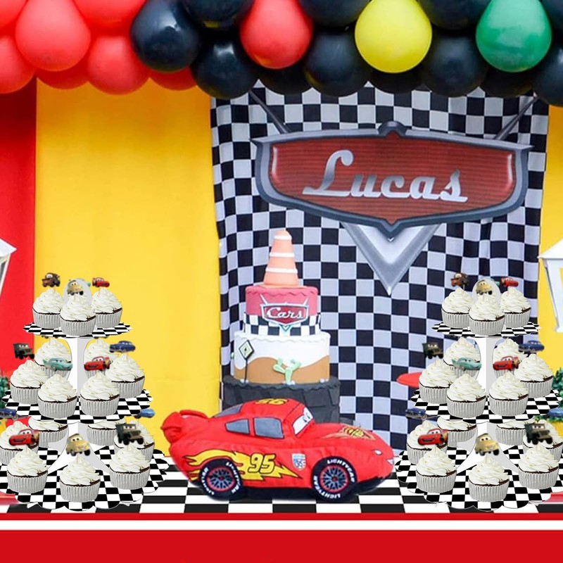 3-Tier Racing Theme Cupcake Stand,Cars Theme Decoration,Black White Checkered... gallery