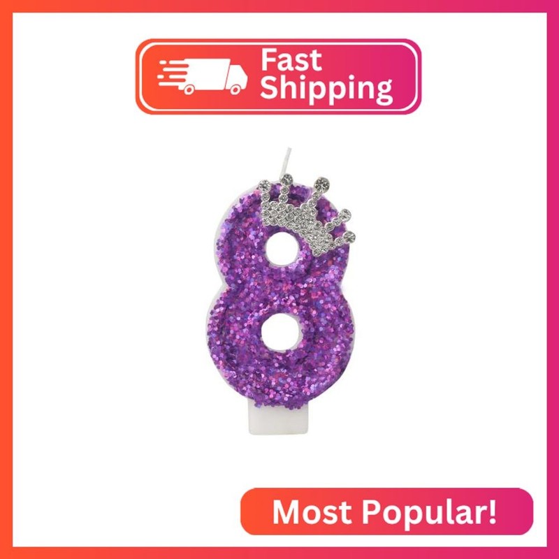 Birthday Number 8 Candles,Purple Crown Birthday Candles for Cake,Glitter Sequins