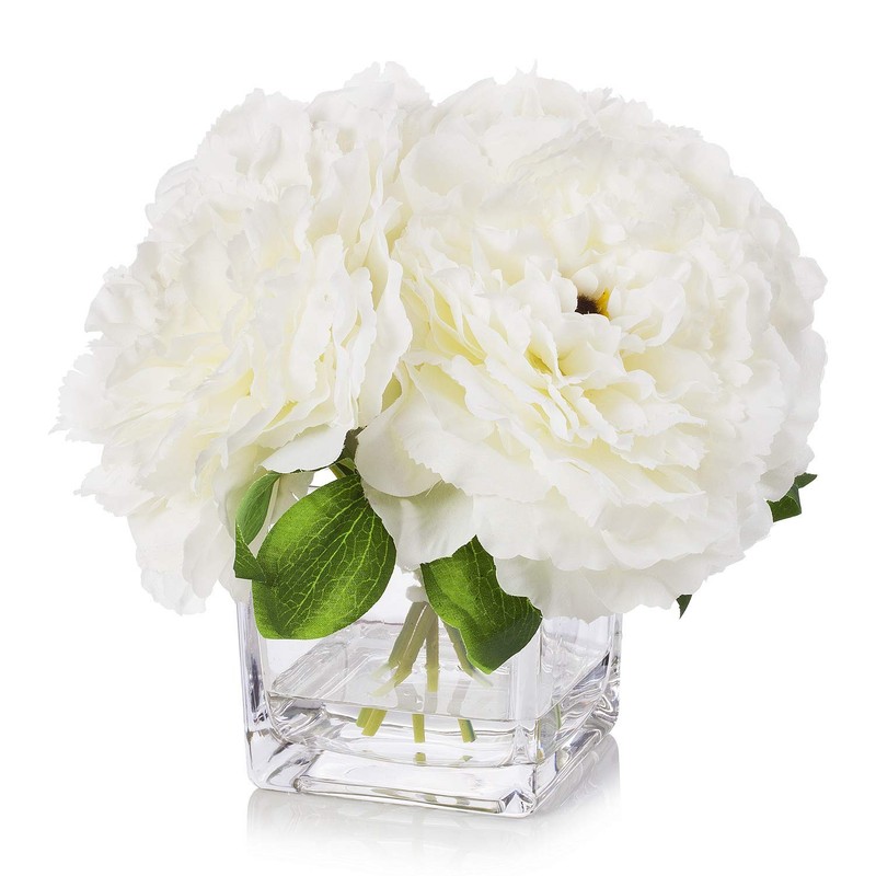 Enova Home Silk Peony Flowers Arrangements In Cube Glass Vase Faux Water For