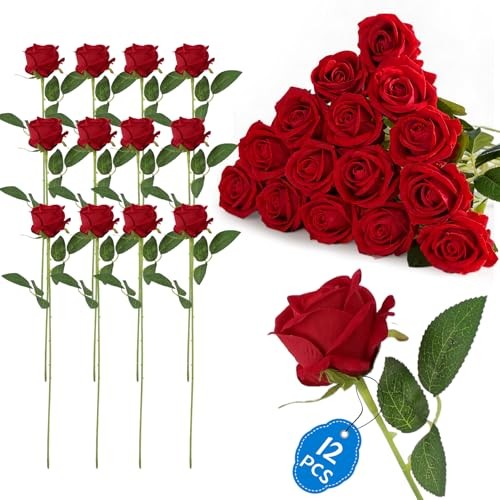 Roses Bouquet, Fake Roses with Stems, Rose Artificial Flowers, 12 Red gallery