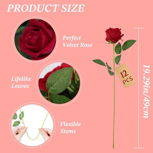 Roses Bouquet, Fake Roses with Stems, Rose Artificial Flowers, 12 Red gallery